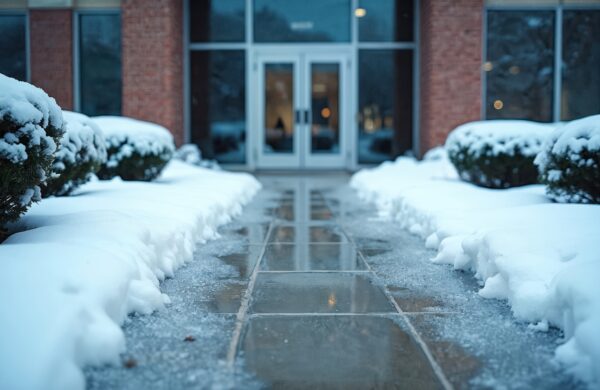 Icy pathway leads towards office building entrance on a cold winter day. Snow covers bushes and surrounds, pathway creating slippery hazard. Winter scene suggests caution