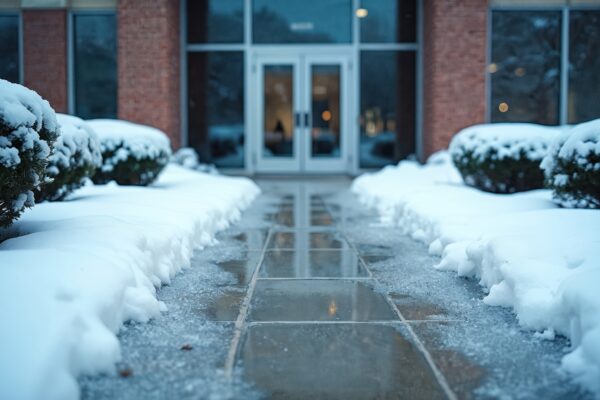 Icy pathway leads towards office building entrance on a cold winter day. Snow covers bushes and surrounds, pathway creating slippery hazard. Winter scene suggests caution