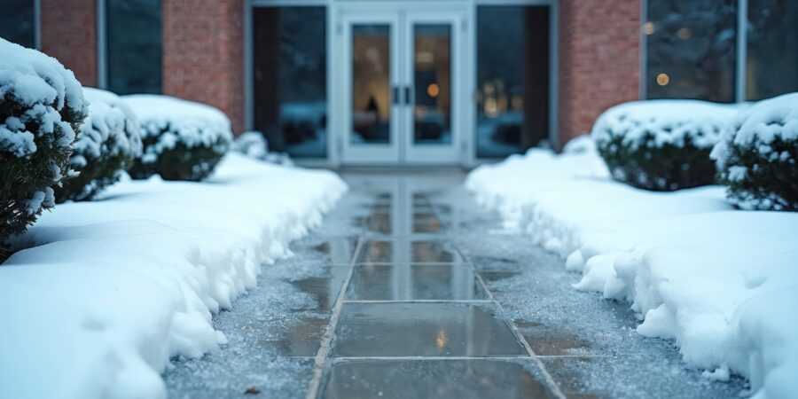 Icy pathway leads towards office building entrance on a cold winter day. Snow covers bushes and surrounds, pathway creating slippery hazard. Winter scene suggests caution